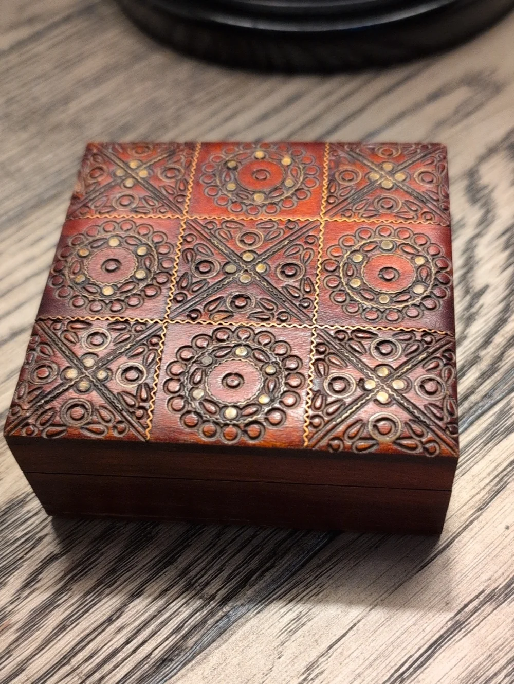 Vintage Square Hand Carved Wooden Accent Box Hinged Lid Trinket Box Brass Inlay